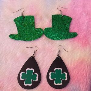 St Patrick’s Day Green Glitter Hat and Shamrock Earrings Set